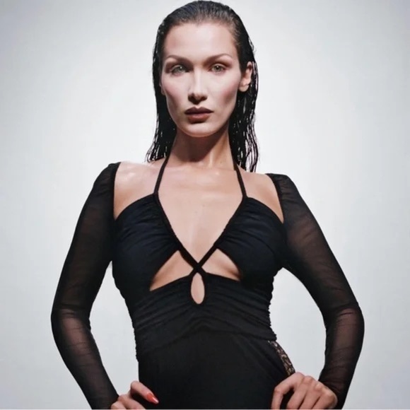 NEW Self-Portrait Gathered Detailed Top Criss Cross Open Keyhole Halter Mesh 6 - Picture 8 of 12